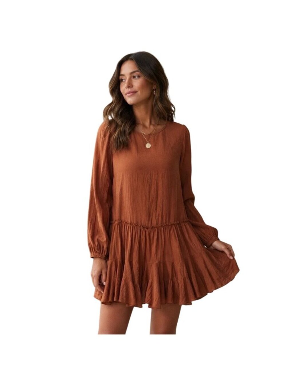 Flawless Babydoll Dress Small Long Sleeve Keyhole Back Ruffled Hem Rust Boho NEW